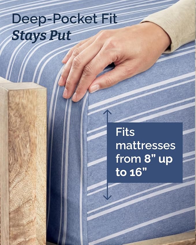 Twin 4 Piece Sheet Set - Comfy Breathable & Cooling - Soft Hotel Luxury Bedding Set with 8-16 Inch Deep Pockets - 1 Flat & 1 Fitted Sheet & 2 Pillowcases - Wrinkle Free & Easy Care - Blue Stripes 3