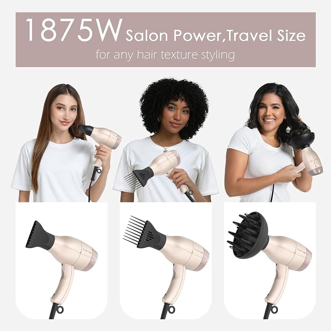 TOME Hair Dryer with Diffuser, 1875W Ionic Blow Dryer with Comb Attachment and Concentrator for Home Use, Fast Drying with Cool Shot and 2 Heat & 2 Speed Settings, 125V, Pink