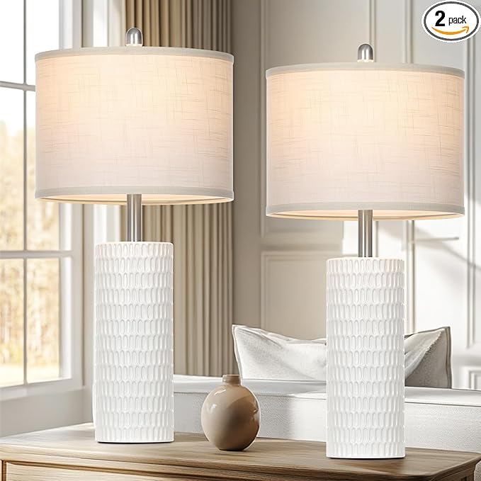 Cinyirong 27" Ceramic Table Lamp, Farmhouse Table Lamp for Living Room, White Lamp for Bedroom, Night Stand, Modern Bedside Lamp Set of 2, End Table Lamps, White(2 Bulbs Included)
