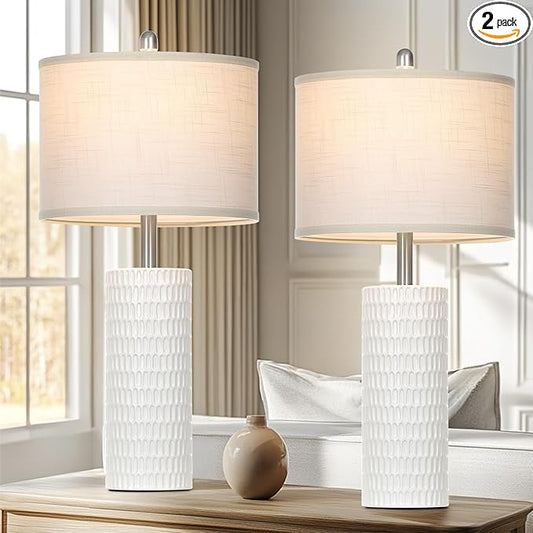 Cinyirong 27" Ceramic Table Lamp, Farmhouse Table Lamp for Living Room, White Lamp for Bedroom, Night Stand, Modern Bedside Lamp Set of 2, End Table Lamps, White(2 Bulbs Included)