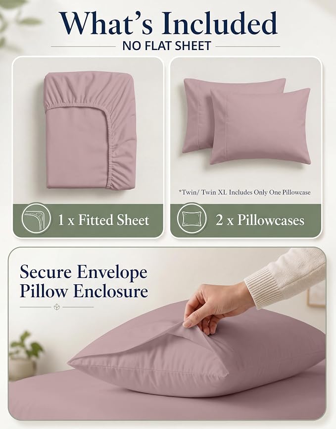 LANE LINEN Twin XL Fitted Sheet, 100% Organic Cotton 2-Piece Set (1 Fitted Sheet, 1 Pillowcase), Percale Weave, Bottom Sheet, Soft, Breathable, Fits Mattress Upto 15" Deep - Lilac (No Flat Sheet)