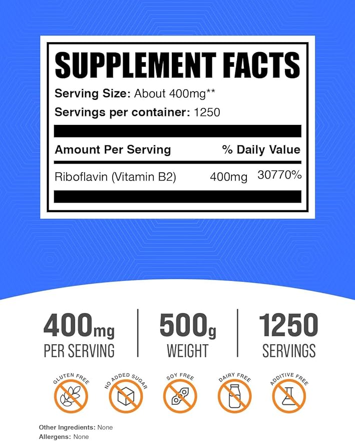 BulkSupplements.com Poudre de Riboflavine - en tant que Vitamine B2, Complément de Vitamine B2 - Riboflavine 400mg, Vitamines B pour le Bien-être, Sans Gluten, 400mg par Portion, 500g (1.1 lbs) (Lot de 1)