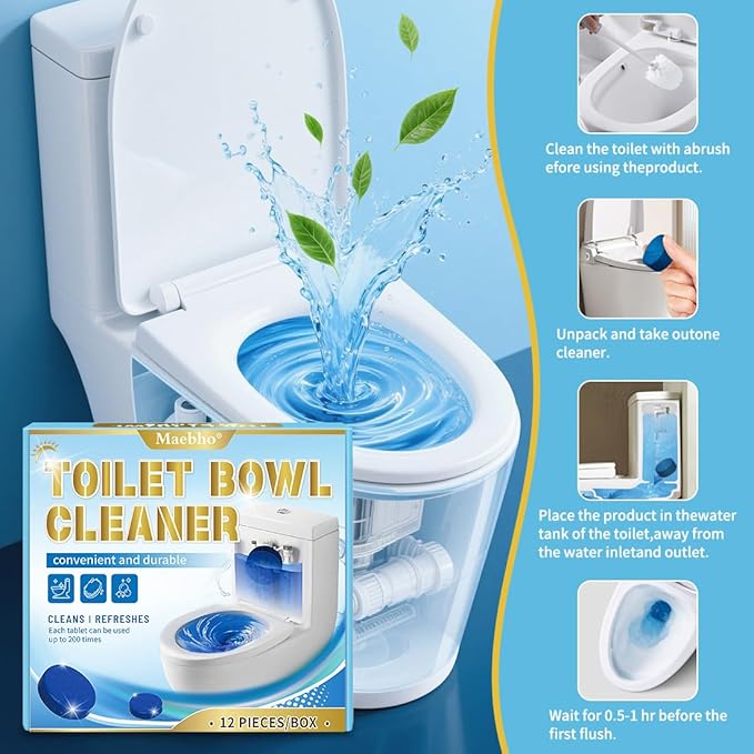 自動トイレボウルクリーナータブレット、12個パック ブルーゲルインタンククリーナー、硬水リングと汚れを除去、浄化槽対応、洗浄・消臭、フレッシュセント、各50g