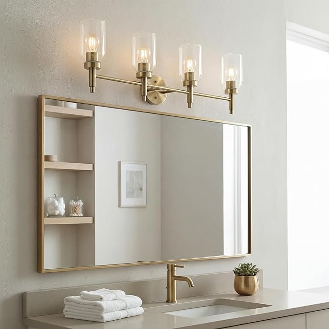 Kichler Madden 4-Light Bathroom Vanity Light Fixture with Clear Glass Shades in Champagne Bronze, Modern Wall Mount for Single or Double Vanity Over Mirror (10.5" x 34"), 55186CPZ