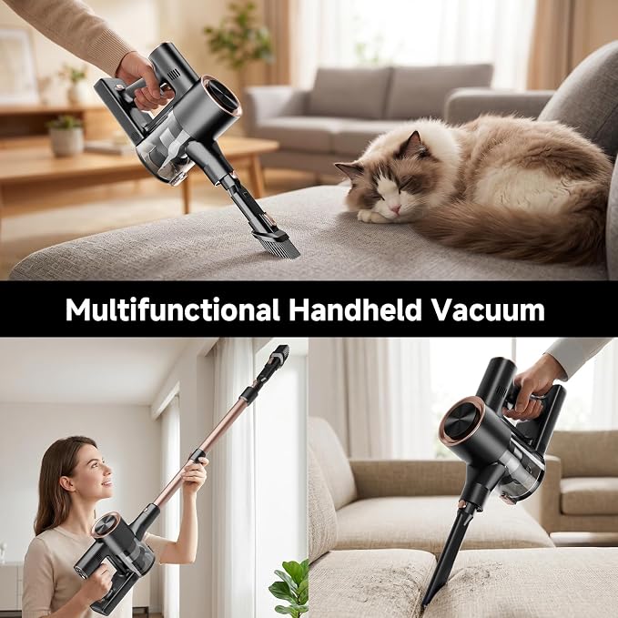 Cordless Stick Vacuum Cleaner - 40KPA Powerful Suction Vacuum with 45 Min Runtime, Detachable Battery, Anti-Tangle & 1.5L Dust Cup, 8 in 1 Vacuum Cleaner for Pet Hair, Carpet, HardFloor, Gold