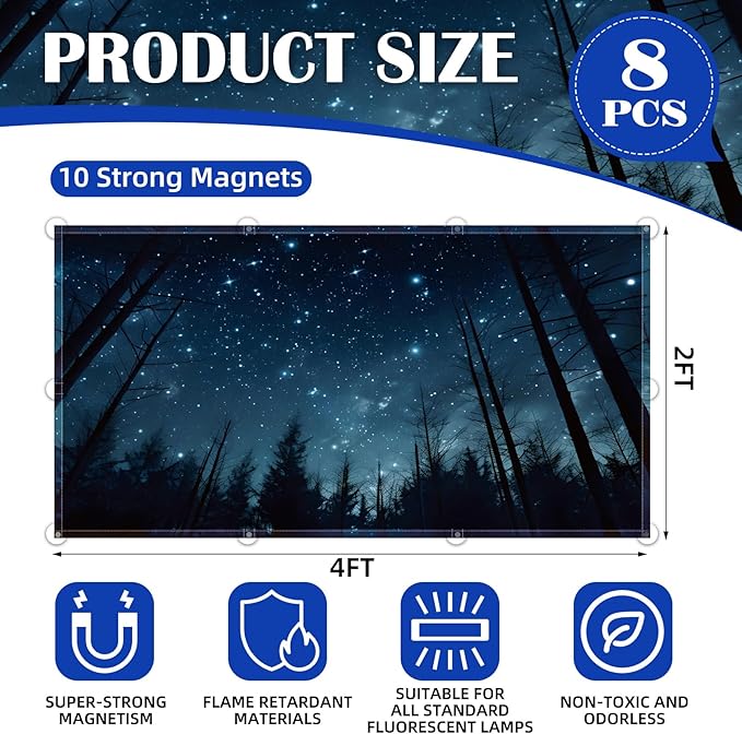 ANGSYLTH 8 Pcs Fluorescent Light Covers - 4 x 2 Feet Covers for Ceiling Lights, 8 x 10 Magnetic Light Filters for Classroom, Office, Hospitals (Forests & Starry Sky-2)