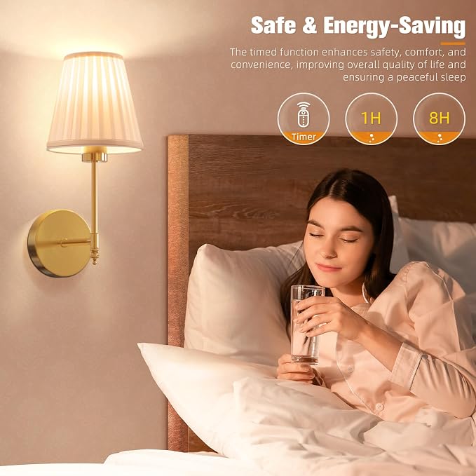 NIORSUN 14.5 inch Battery Operated Wall Sconce Set of 2,Beige Gold Rechargeable Wall Lights with 10400mAh Dimmable Bulbs and Remote,10 Colors Wireless Wall Lamps for Bedroom Living Room
