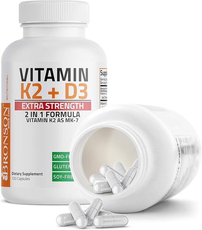 Bronson Vitamine K2 (MK7) avec D3 Supplément Extra Fort pour la Santé des Os et du Cœur Formule Sans OGM 10 000 UI Vitamine D3 & 120 mcg Vitamine K2 MK-7 Vitamine D & K Facile à Avaler, 120 Gélules
