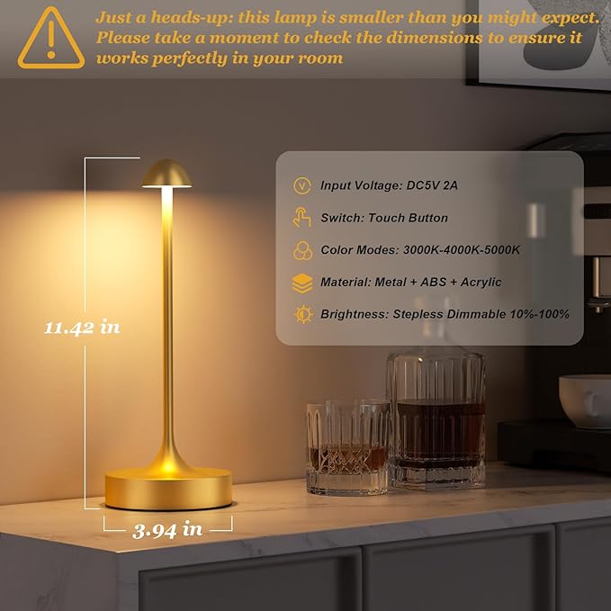 Kakanuo Rechargeable Cordless Table Lamp, Battery Operated Lamps, 3-Color Stepless Dimming, Portable Wireless Desk Lamp, LED Lighting for Dining Room, Restaurant, Office, Bar, Home(Gold 2 Pack)