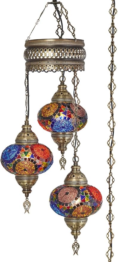 DEMMEX Plug-in Turkish Hanging Lamp, Handmade Moroccan Mosaic Chandelier Pendant Light Fixture with 15-ft Cord & Chain, Decorative Ceiling Lamp for Living Room, Bedroom, 3 Large 7'' Globes, 3.5 ft.