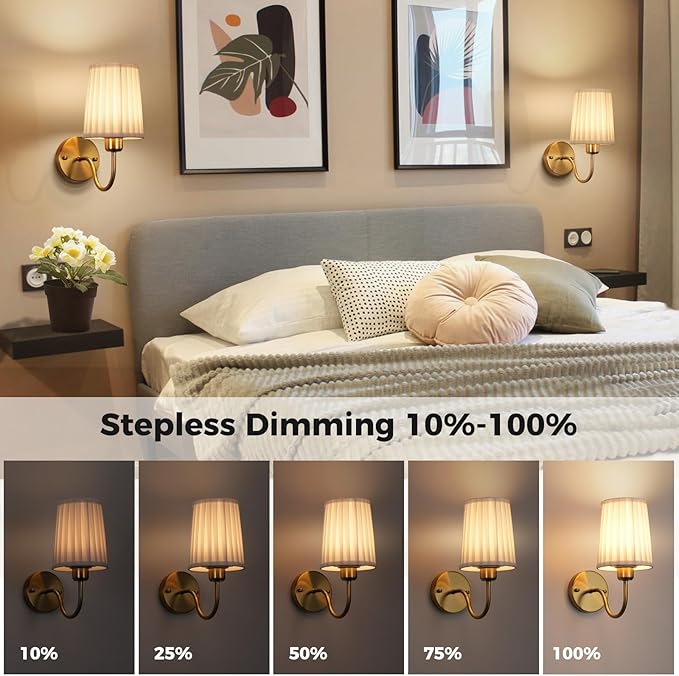 Battery Operated Wall Sconce Set of Two, Wireless Wall Sconces with 10000mAh Dimming Magnetic Bulb, Rechargeable Wall Sconce with Pleated Fabric for Bedroom Living Room Gallery Hallway, Gold