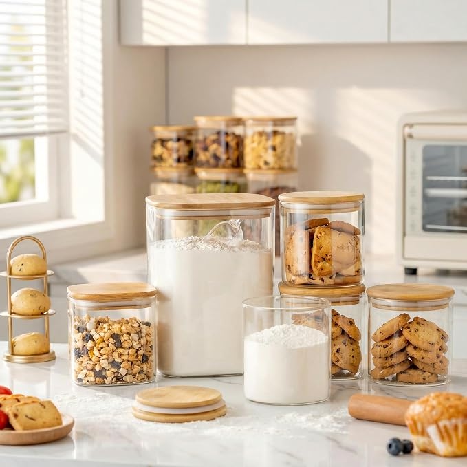 Large Glass Storage Containers 132oz&63oz, Pantry Jars with Bamboo Lids-2P | Square Borosilicate Glass Jar with Airtight Lid Keep Flour, Sugar & Rice Fresh, Fits 3lb Bag, BPA-Free for Pantry Organizer