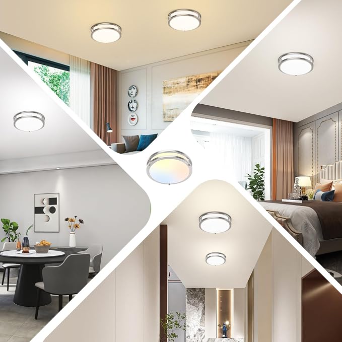 10 Inch LED Flush Mount Ceiling Light, Brushed Nickle Kitchen Lighting Fixture with 2700K/3000K/4000K/5000K/6500K 5 Color Adjusted, Dimmable Modern Round LED Light for Bedroom Living Room, 1-Pack