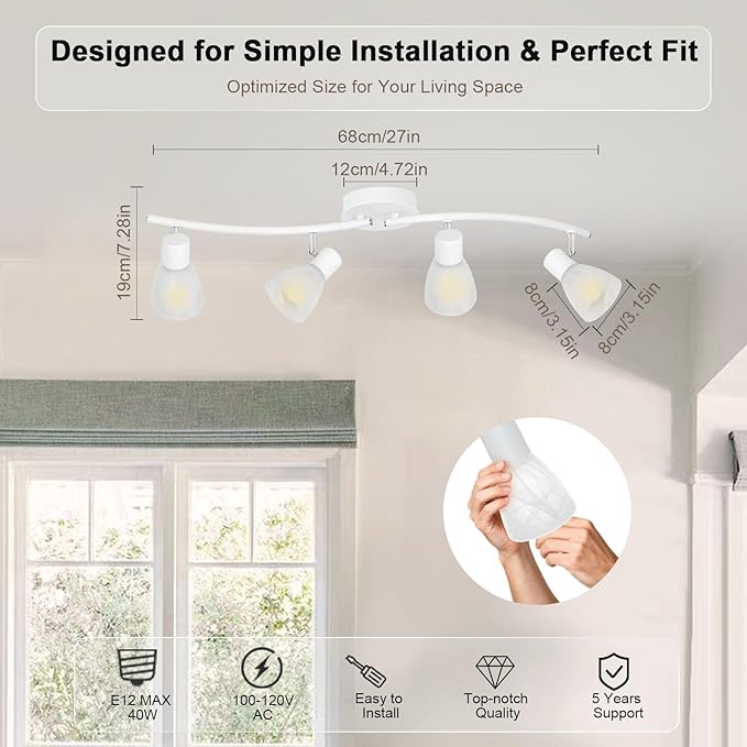 HiBay 4-Light Track Lighting, Modern White Glass Ceiling Light Fixture, Adjustable Flush Mount Track Spotlight for Bathroom, Kitchen, Dining Room, E12 Base, No Bulbs