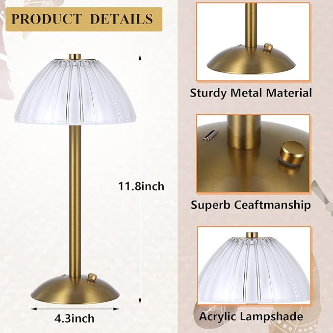 Liliful 6 Pcs Cordless Table Lamp Rechargeable Touch LED Small Gold Portable Battery Operated USB-c Desk Lamp 3 Color Dimmable for Bedroom Living Room Dining (Gold,Mushroom Style)