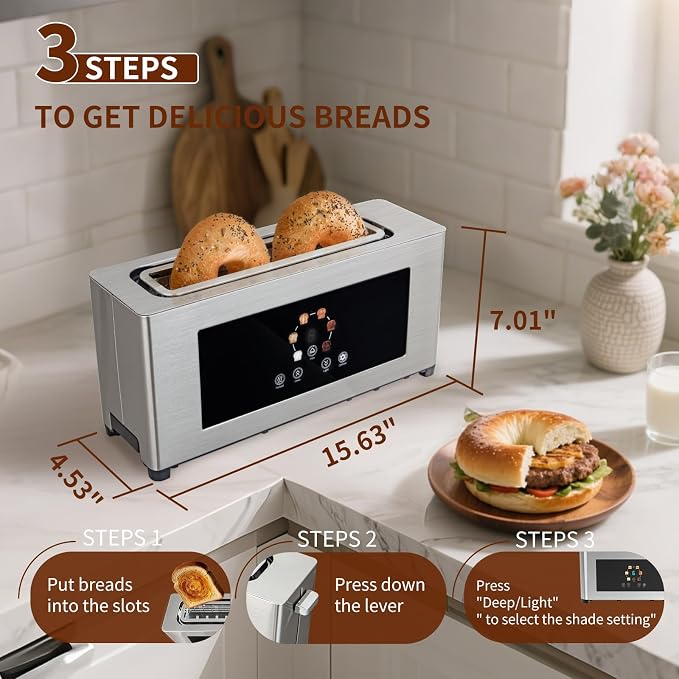 2 Slice Toaster with Touch Screen, Slim Toaster For Long Slice, 1.6" Wide Slot, 6 Browning Levels, 1000W Fast Heating, Slim Stainless Steel Design for Bagels, Baguettes, Compact Kitchen & RV Use