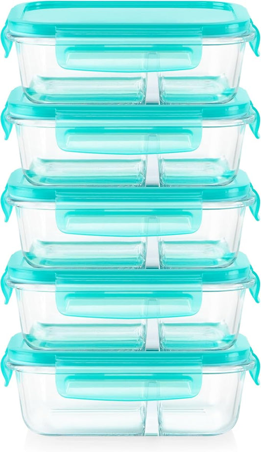 Pyrex Glass MealBox (5-Pack, 2.3 Cup) Divided Compartments with Locking Lids, For Meal Prepping and Portioning, BPA Free Microwave Dishwasher Safe