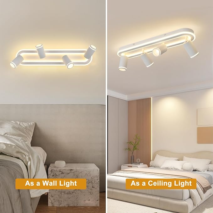 LED 4 Light Track Lighting Spotlight Kit, White Ceiling Spotlights, Modern Track Light Fixture with Flexibly Rotatable Light Heads, 50W+20W Dual Lighting for Kitchen Living Room,Includes 4 x GU10 Bulb