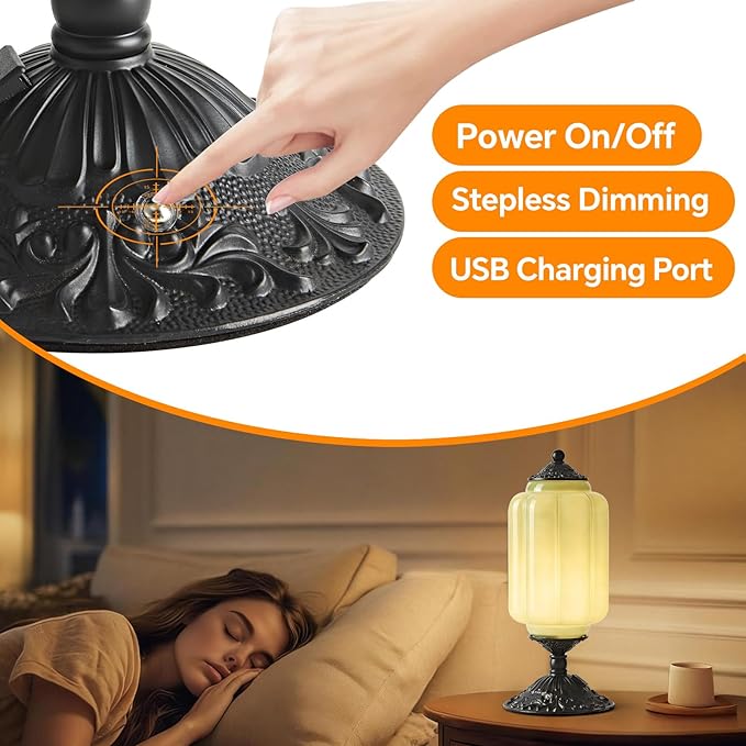 Milk Glass Table Lamp, Touch Control with USB Charging Port Vintage Bedside Desk Lamp Stepless Dimming for Bedroom Living Room Nightstand Led Bulbs Included （Green）