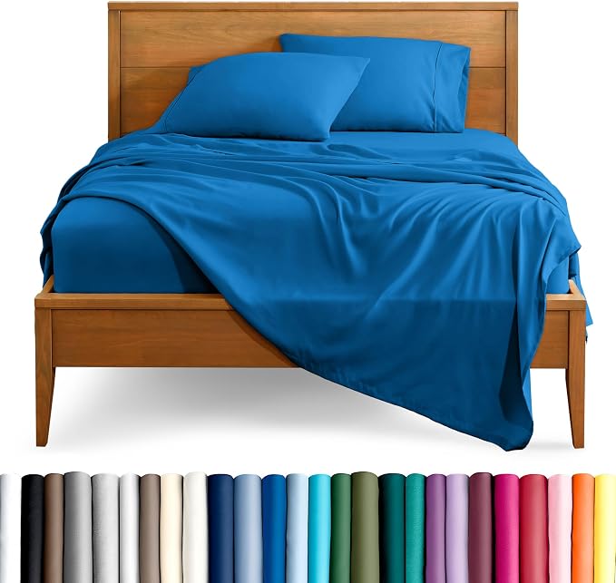 Bare Home Split Head Flex King Sheet Set - 1800 Ultra-Soft Microfiber Bed Sheets - Double Brushed - Deep Pockets - Easy Fit - 4 Piece Set - Bedding Sheets & Pillowcases (Medium Blue)