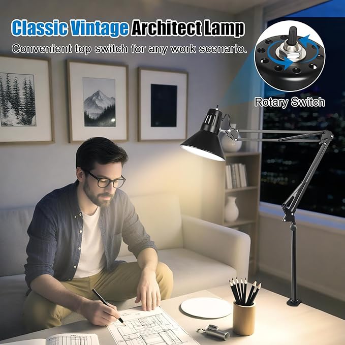 LED Clamp on Desk Lamp,360°Adjustable Swing Arm Desk Lamp,Clamp Light with Eye-Caring LED Bulb for Home Office Reading Drafting