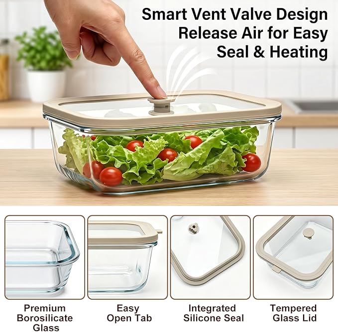 4 Pack Glass Meal Prep Containers with Glass Lids, Plastic-Free Glass Food Storage Containers, Multi-Size Glass Food Prep Containers for Lunch, Leftovers, Microwave, Freezer (12, 21, 35, 50 oz)
