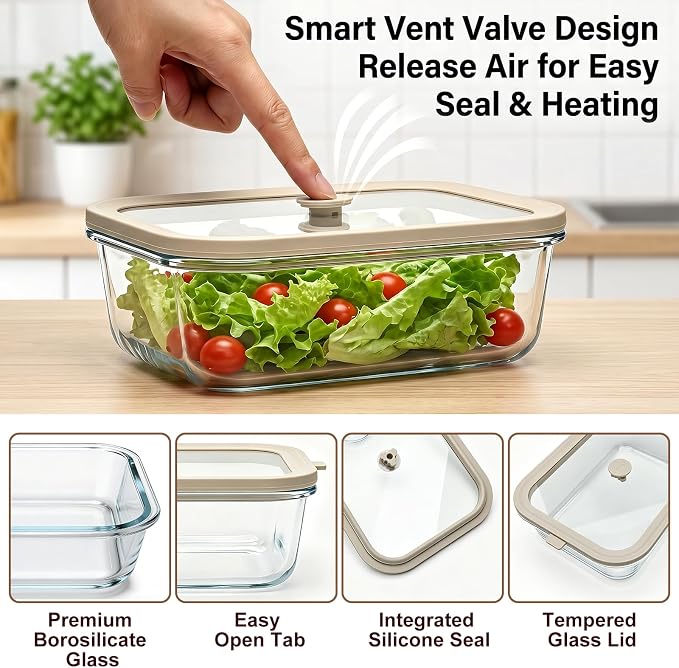 2 Pack 50 oz Large Glass Food Storage Containers with Lids,6.2 Cups Airtight Meal Prep Containers, Non-Toxic Glass Containers for Vegetables, Fruits, Microwave, Dishwasher