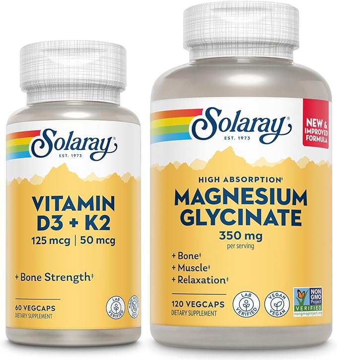 SOLARAY Vitamine D3 K2 et Glycinate de Magnésium - Ensemble pour la Santé Osseuse - Absorption du Calcium, Soutien Nerveux, Cardiaque et Immunitaire avec 5000 UI de Vitamine D, 350mg de Magnésium Chélaté, Garantie de 60 Jours, 60 gélules/120 gélules