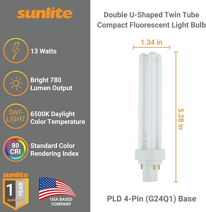 Sunlite PLD13/E/SP65K Compact Fluorescent PLD 4-Pin Double U-Shaped Twin Tube, 13 Watts, 120 Volts, 780 Lumens, 6500K Daylight, 4-Pin G24q1 Base, 10 Pack