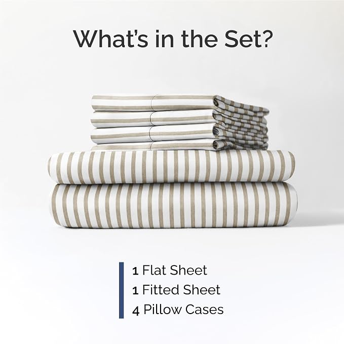 Full 6 Piece Sheet Set - Comfy Breathable & Cooling - Soft Hotel Luxury Bedding Set with 8-16 Inch Deep Pockets - 1 Flat & 1 Fitted Sheet & 4 Pillowcases - Wrinkle Free & Easy Care - Beige Stripes 2