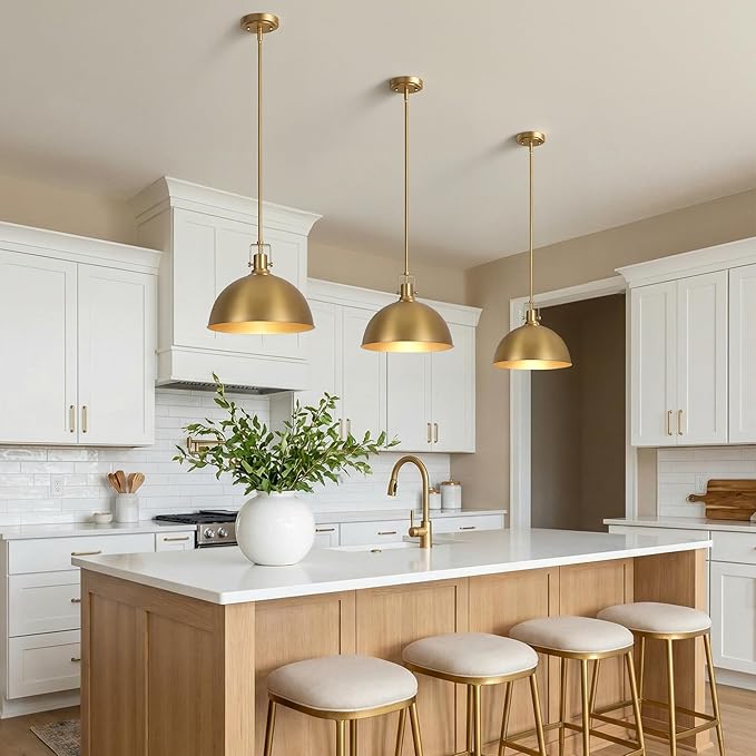 LamQee 13 Inch Brushed Gold Metal Pendant Light Kitchen Island, Farmhouse Modern Dome Pendant Light Fixtures Ceiling Hanging Lighting Chandelier for Dining Room Over Table, Bar, Hallway, Entryway