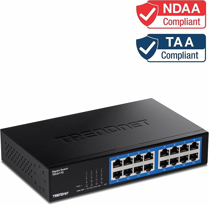 TRENDnet 16-Port Gigabit Desktop Switch, TEG-S17D, 16 x Gigabit RJ-45 Ports, 32Gbps Switching Capacity, Ethernet Splitter, NDAA & TAA Compliant, Internal Power Supply, Lifetime Protection, Black