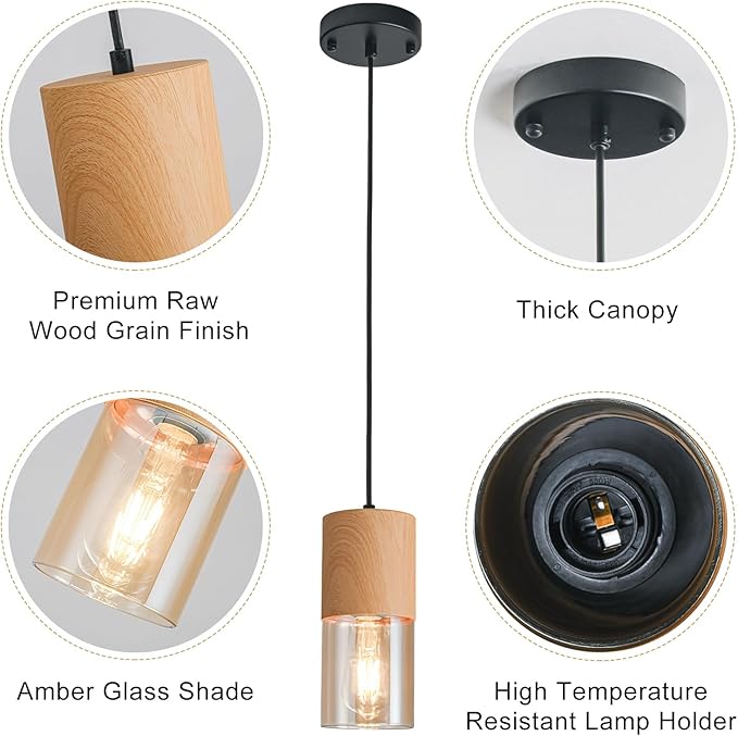 Gold Pendant Lights for Kitchen Island, Adjustable Modern Pendant Light Fixtures with Raw Wood Grain, Industrial Amber Glass Pendant Lights for Dining Table Hallway Bedroom Living Room,1 Pack