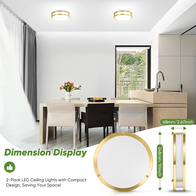 10 Inch LED Flush Mount Ceiling Lights, Gold Kitchen Lighting Fixtures with 2700K/3000K/4000K/5000K/6500K 5 Color Adjusted, Dimmable Modern Round LED Lights for Bedroom Living Room Laundry, 2-Pack