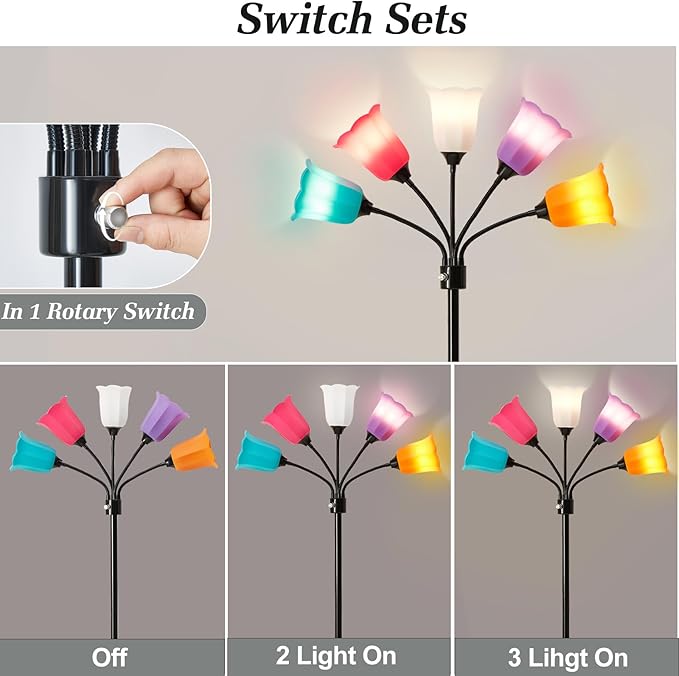 GyroVu Medusa LED Floor Lamp, Multi Head Modern Tall Lamp with Adjustable Gooseneck Standing Lamps Led Tall Lamp for Living Room Bedroom Kids Room Office 6 Color Lampshades Bulb Not Included Black