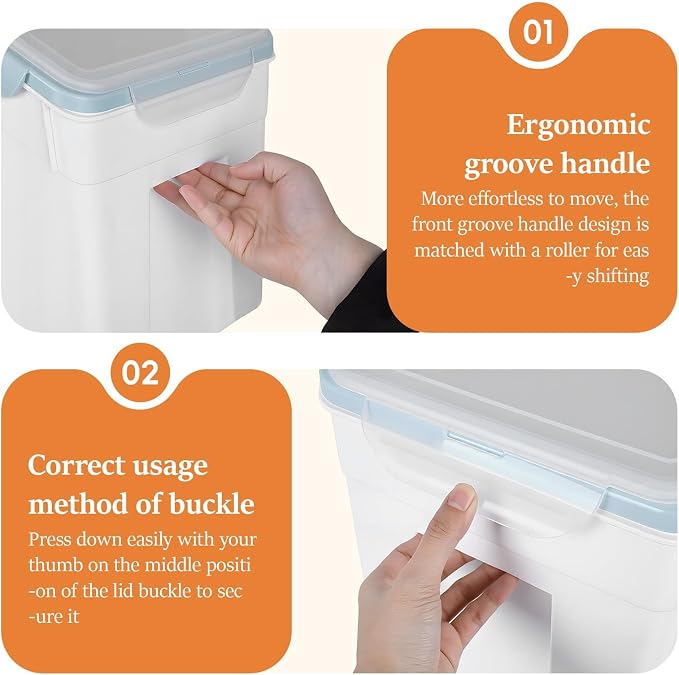 Rice Storage Container 55 lbs, Airtight Flour Storage Container w/ 6 Snaps & Silicone Seal, Slanted Open & Clear Lid, 2 Wheels for Easy Move,Food & Cereal Storage,Cooking 2-Pack w/ Measuring Cup Blue