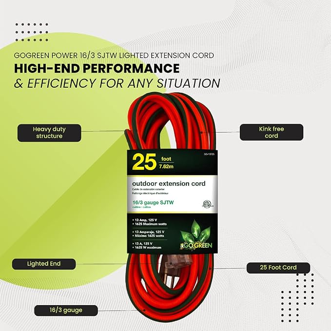 Go Green Power Inc. 16/3 25ft Outdoor Extension Cord with Lighted End - Contractor Grade,Durable,and Moisture Resistant - Ideal for Heavy Duty Tools - GG-13725,(Pack of 12)