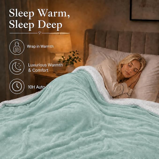 Electric Heated Blanket Full Size 72"x84" – ETL Certified for Safe Overnight, 4 Heat Settings & 10H Auto Off, Dual-Sided Microplush Sherpa for Home Theater Night, Machine washable – Onsen Green