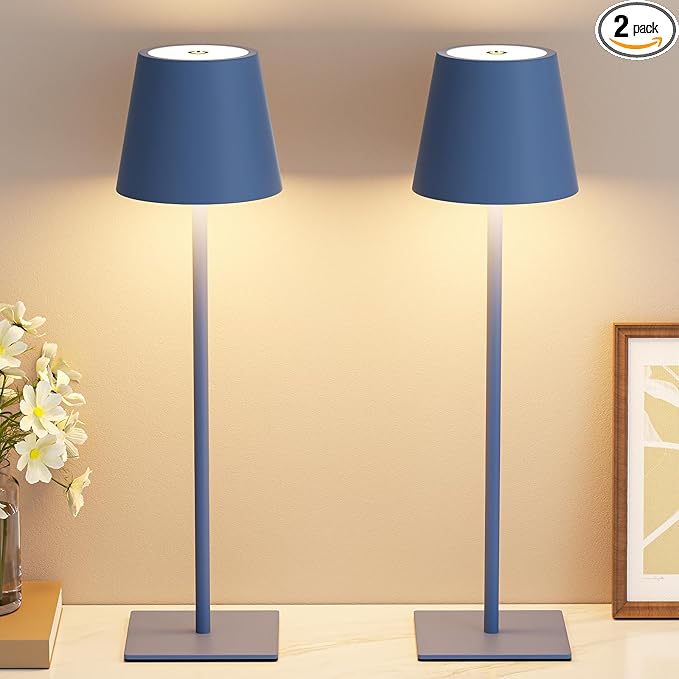 Kakanuo Cordless Rechargeable Table Lamp Navy 5000mAh Battery Operated Lamps, 3 Colors Stepless Dimming Touch Lamp for Living Room, Kitchen Counter, Dining, Outdoor Patio, 2 Pack
