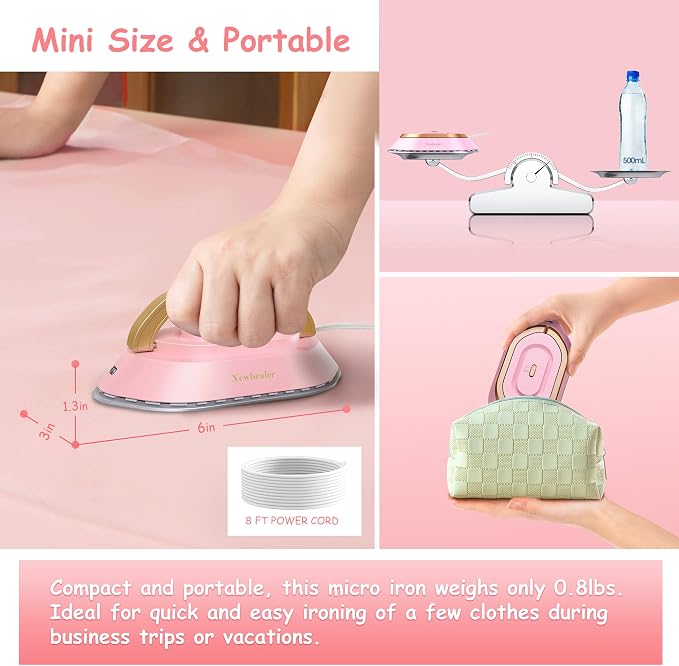 Newbealer Travel Iron Set, 100-240V Mini Dry Iron for Clothes (No Steam) | Max 300W, Heats in 60s, 302℉ Ceramic Soleplate, Handy Heat Press, 0.8lbs Lightweight for Quick Touch-ups Worldwide (Pink)