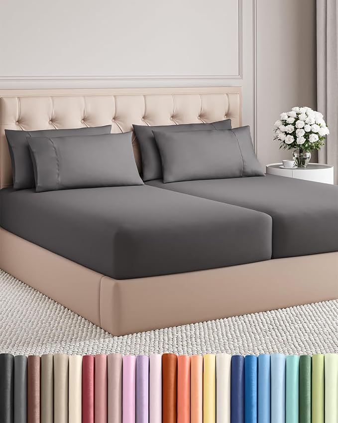 Split King 7 Piece Sheet Set - Comfy Breathable & Cooling - Soft Hotel Luxury Bedding Set with 8-16 Inch Deep Pockets - 1 Flat & 2 Fitted Sheet & 4 Pillowcases - Wrinkle Free & Easy Care - Dark Grey