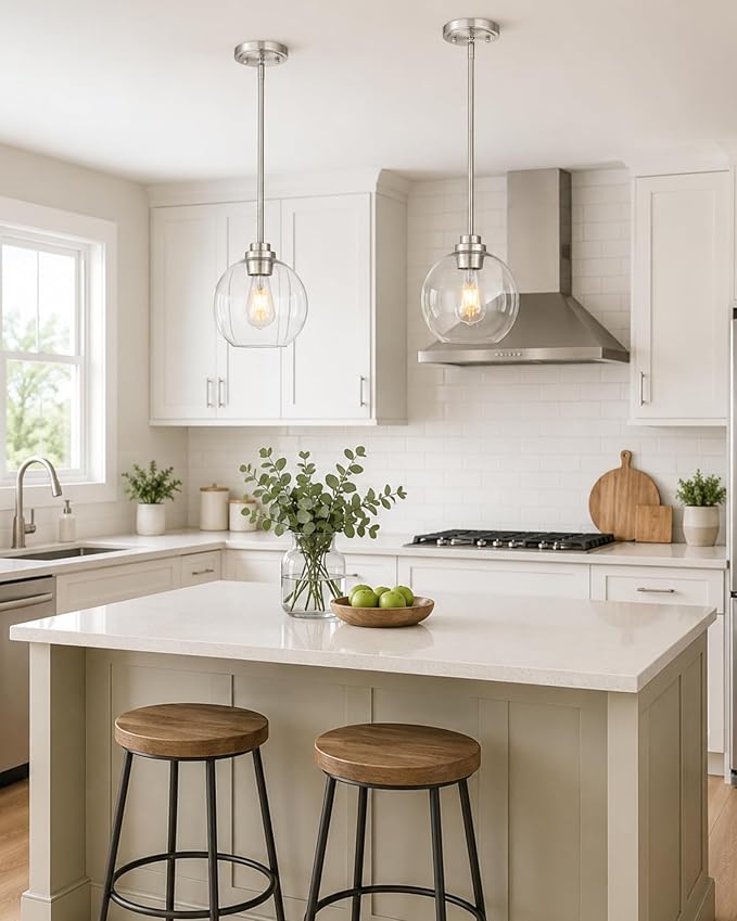 2 Pack Pendant Lights Kitchen Island, 8" Brushed Nickel Pendant Light Fixtures with Globe Clear Glass Shade, Modern Kitchen Island Lighting for Bathroom, AD-22280-2PL-SN