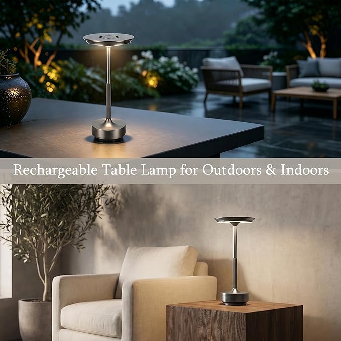 Rechargeable Cordless Table Lamp Set of 2, Portable Battery Operated LED Table Light, 3 Color Stepless Dimming with Touch Sensor & Memory Function for Outdoor Camping Patio café Restaurant Bars,Silver