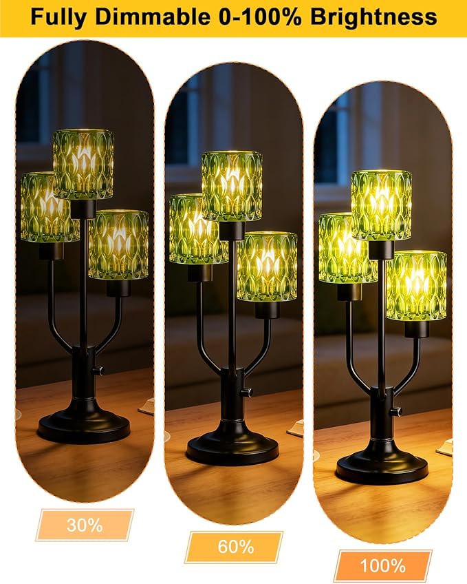 Mid Century Modern Table Lamp for Living Room Dimmable Nightstand Lamp Black Vintage Desk Lamp with Green Glass 3 Bulbs Included Warmwhite Ambient Bedside Lamps for Bedroom Office Home Decor