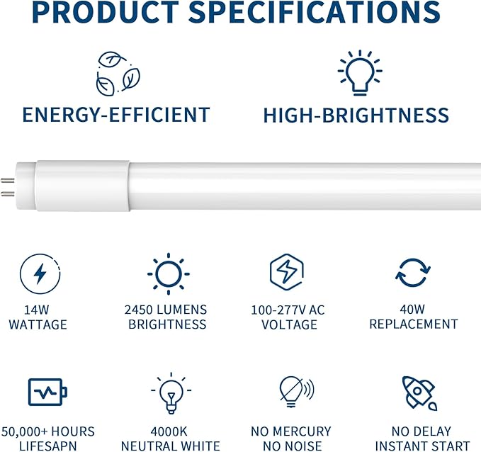 JESLED 4 Pack T8 LED Tube Lights 4FT, Fluorescent Replacement, 48 Inch, 14W, 2450LM,4000K, Single or Double End Power, Type A+B, Plug and Play or Ballast Bypass, Frosted