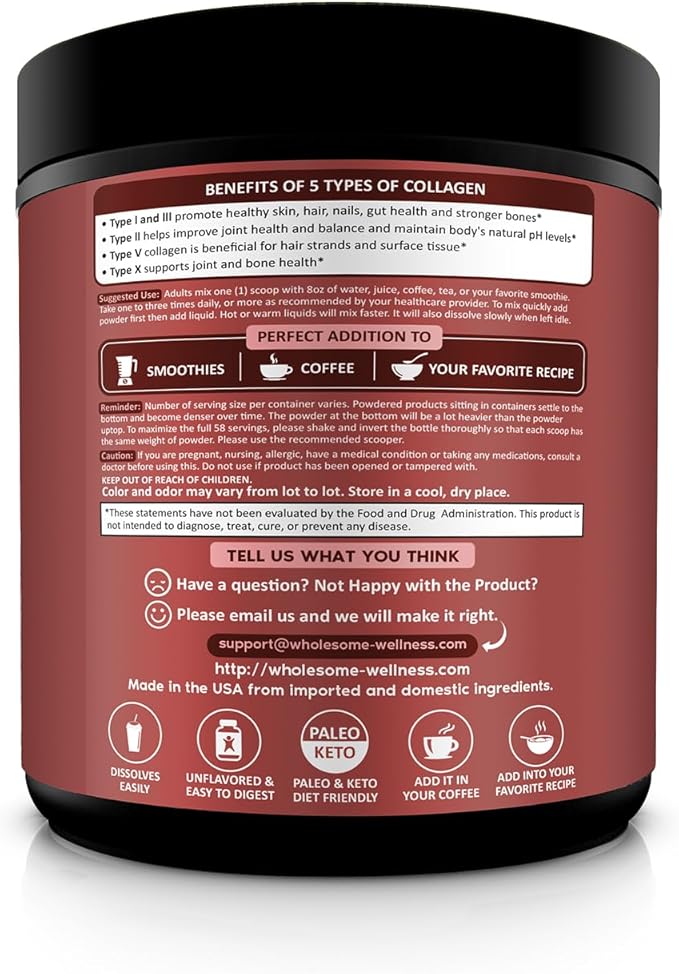 Wholesome Wellness Premium Multi Collagen Peptides Protein Powder for Women and Men, 5 Types of Hydrolyzed Collagen, Grass-Fed, Non-GMO & Unflavored, Pure Protein for Youthful Skin & Joint Recovery