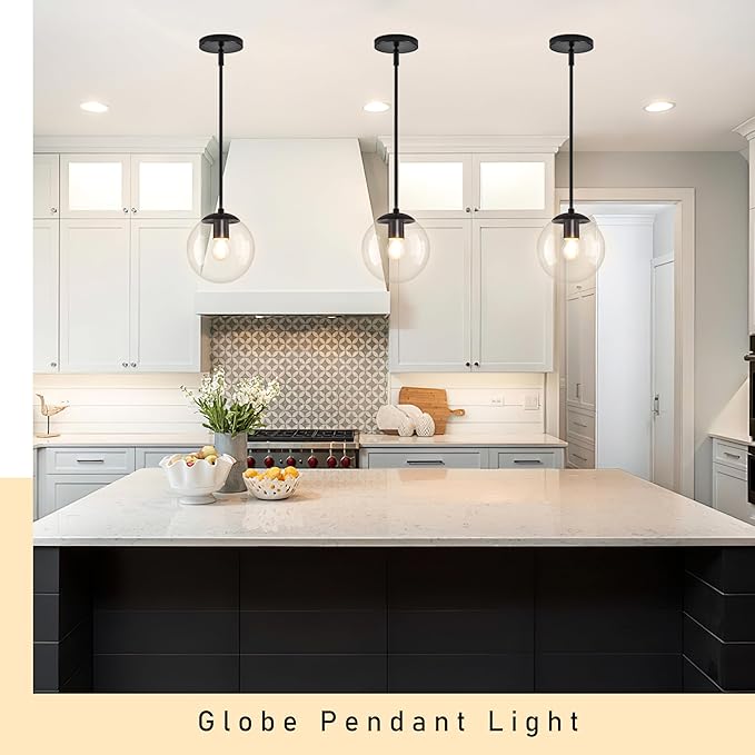 Bagood 8" Globe Pendant Light Black 2 Pack Mid Century Pendant Light Globe Pendant Lights Kitchen Island Matte Black Finished with Clear Glass Adjustable Ceiling Light Fixtures for Dining Room Bar