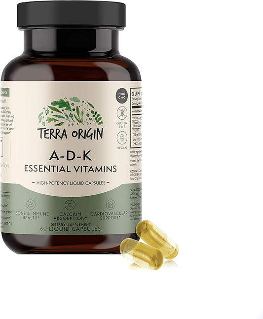 Complément vitaminique essentiel TERRA ORIGIN ADK | 60 capsules liquides | Vitamines A, D 5000 UI, K1 et K2 à haute puissance | Sans OGM, sans gluten, végétalien, fabriqué aux États-Unis