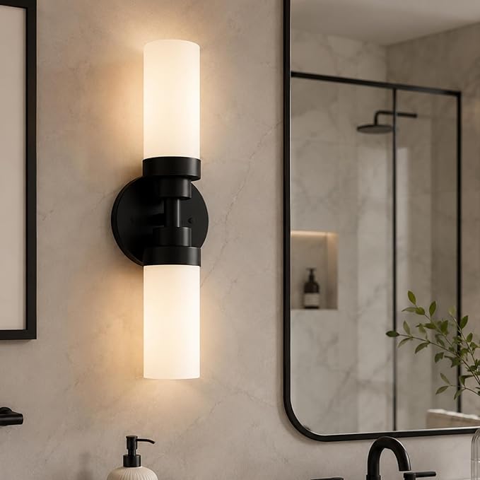 Emak 2 Light Black Vanity Lights for Bathroom, 22 Inch Bathroom Light Fixtures Modern Wall Sconces with Milk Glass Shade for Bathroom, Bedroom, Hallway, VL085-BK-ML-2