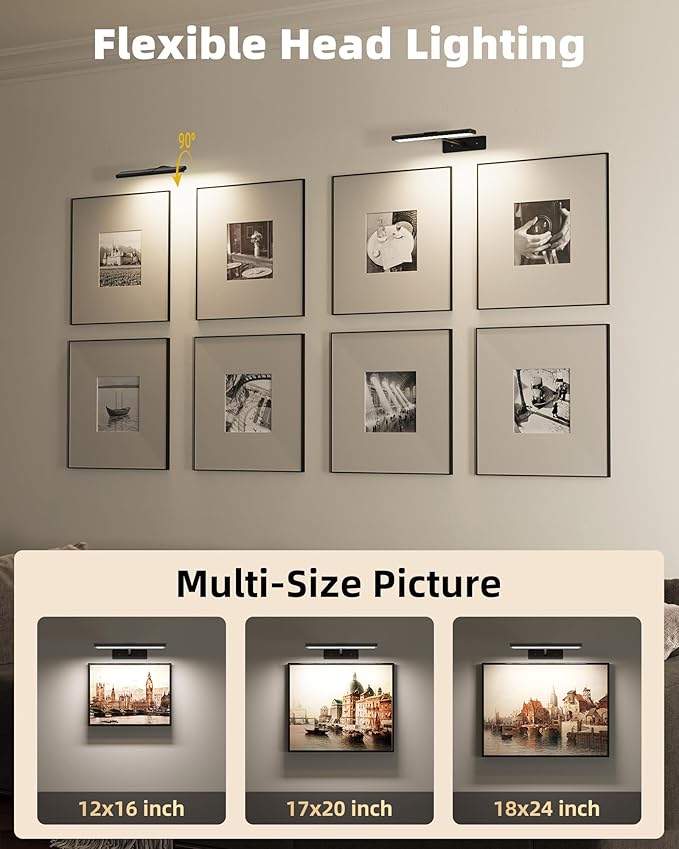 EZVALO Picture Light for Wall, 13'' Black Rechargeable 4800mAh Battery Lights Wireless with IR Remote, Magnetic LED Art Painting Light with 3 Color Temperatures, Display for Gallery, Living Room